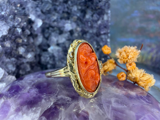 14 karaat gouden bloedkoraal ring