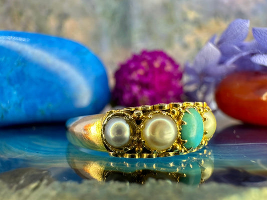9 karaat gouden ring met turquoise en parels