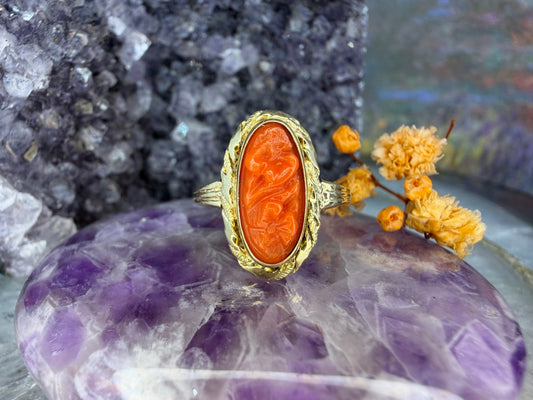 14 karaat gouden bloedkoraal ring