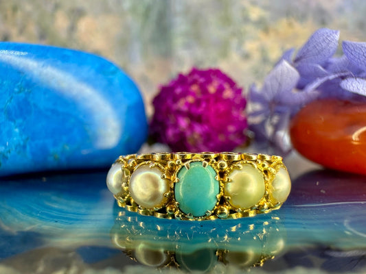 9 karaat gouden ring met turquoise en parels