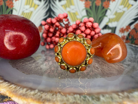 14 karaat gouden bloedkoraal ring