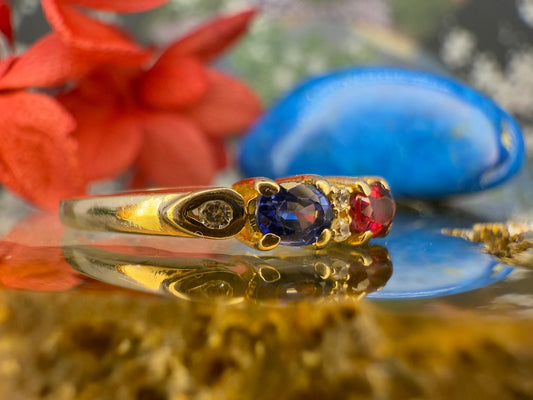 14 karaat gouden ring met saffier en robijn