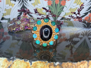 14 karaat gouden granaat turkoois ring