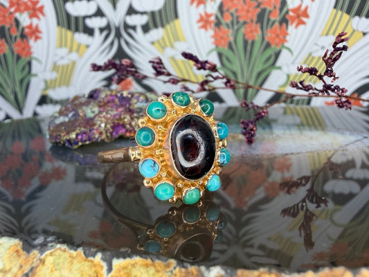 14 karaat gouden granaat turkoois ring